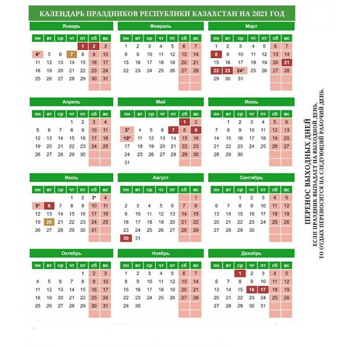 Казахстанцы в 2021 году отдохнут 121 день